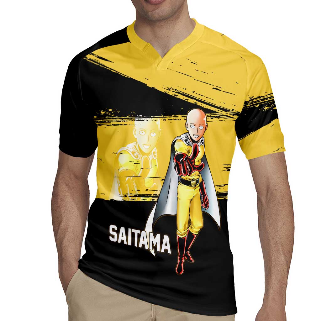 Saitama One Punch Man Anime Yellow and Black Theme Rugby Jersey with Heroic Pose and Dynamic Brushstroke Background - The Mazicc