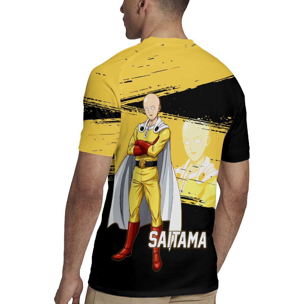 Saitama One Punch Man Anime Yellow and Black Theme Rugby Jersey with Heroic Pose and Dynamic Brushstroke Background - The Mazicc