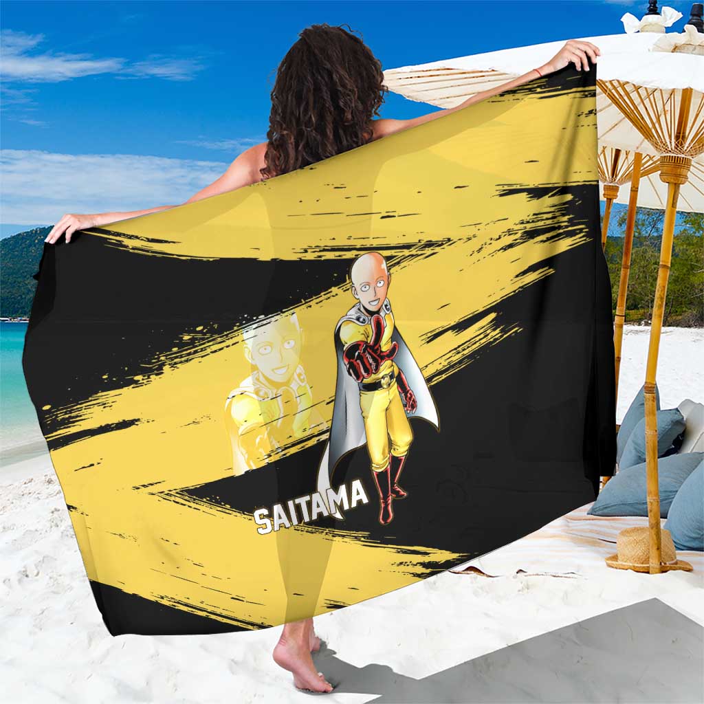 Saitama One Punch Man Anime Yellow and Black Theme Sarong with Heroic Pose and Dynamic Brushstroke Background - The Mazicc