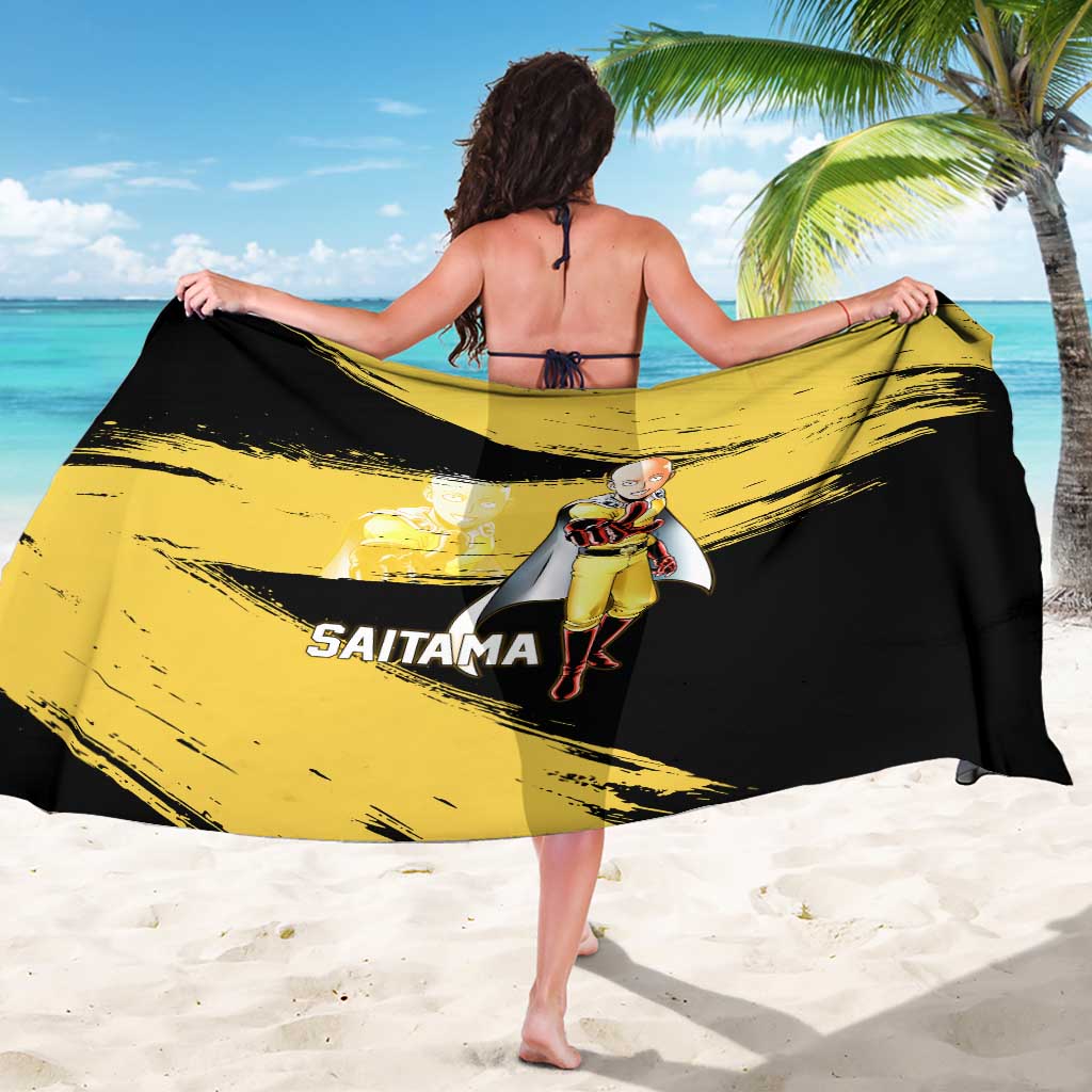 Saitama One Punch Man Anime Yellow and Black Theme Sarong with Heroic Pose and Dynamic Brushstroke Background - The Mazicc