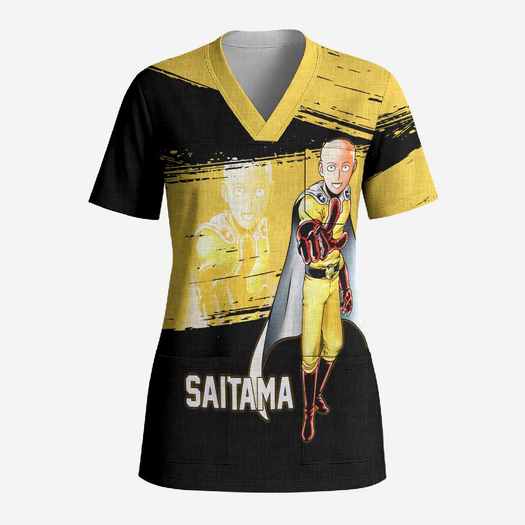Saitama One Punch Man Anime Yellow and Black Theme Scrub Top with Heroic Pose and Dynamic Brushstroke Background - The Mazicc