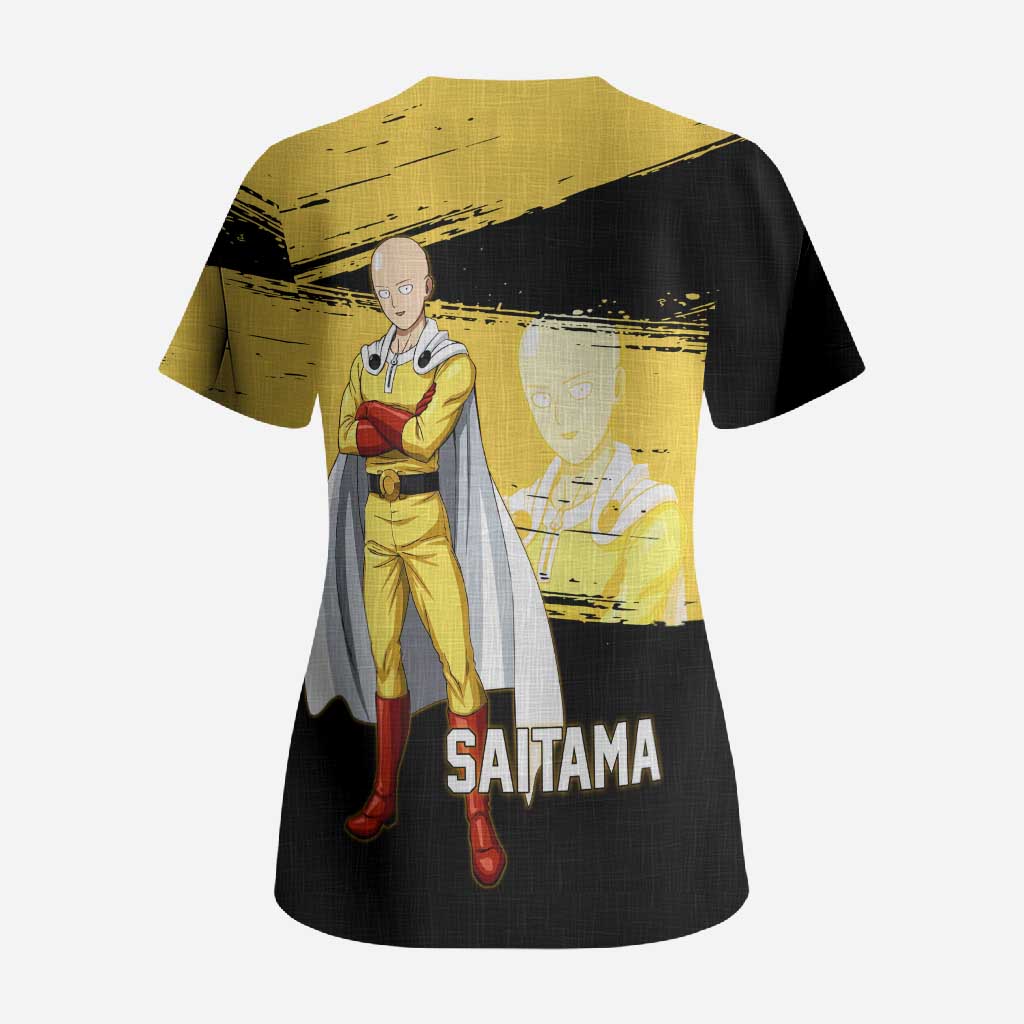 Saitama One Punch Man Anime Yellow and Black Theme Scrub Top with Heroic Pose and Dynamic Brushstroke Background - The Mazicc