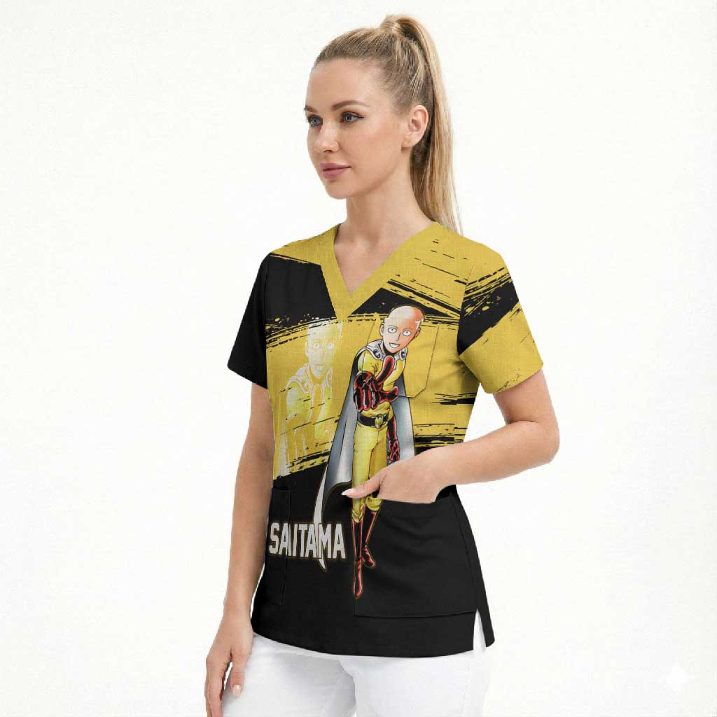 Saitama One Punch Man Anime Yellow and Black Theme Scrub Top with Heroic Pose and Dynamic Brushstroke Background - The Mazicc
