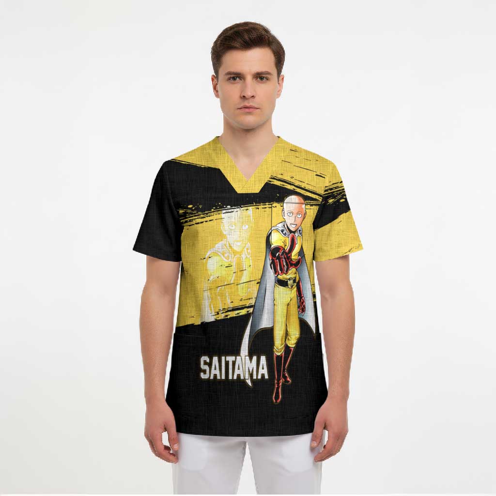 Saitama One Punch Man Anime Yellow and Black Theme Scrub Top with Heroic Pose and Dynamic Brushstroke Background - The Mazicc