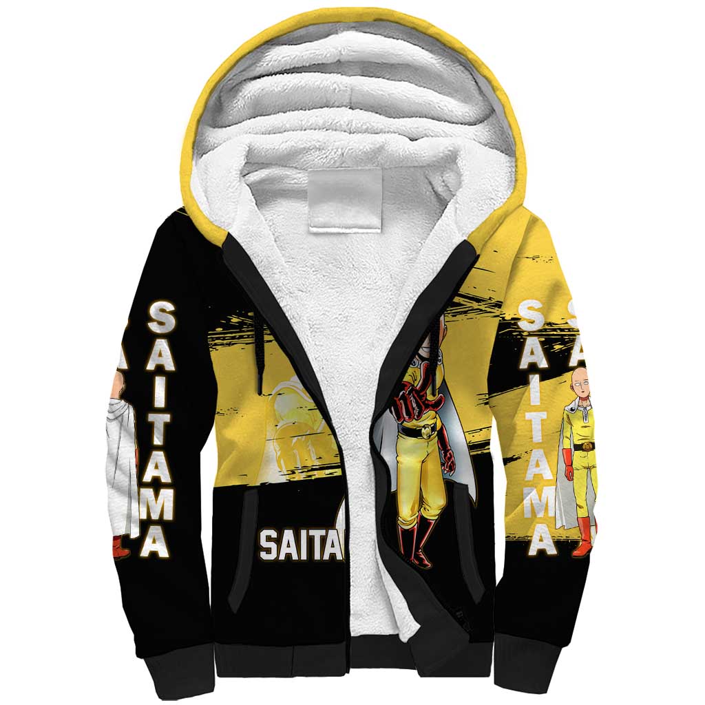 Saitama One Punch Man Anime Yellow and Black Theme Sherpa Hoodie with Heroic Pose and Dynamic Brushstroke Background - The Mazicc