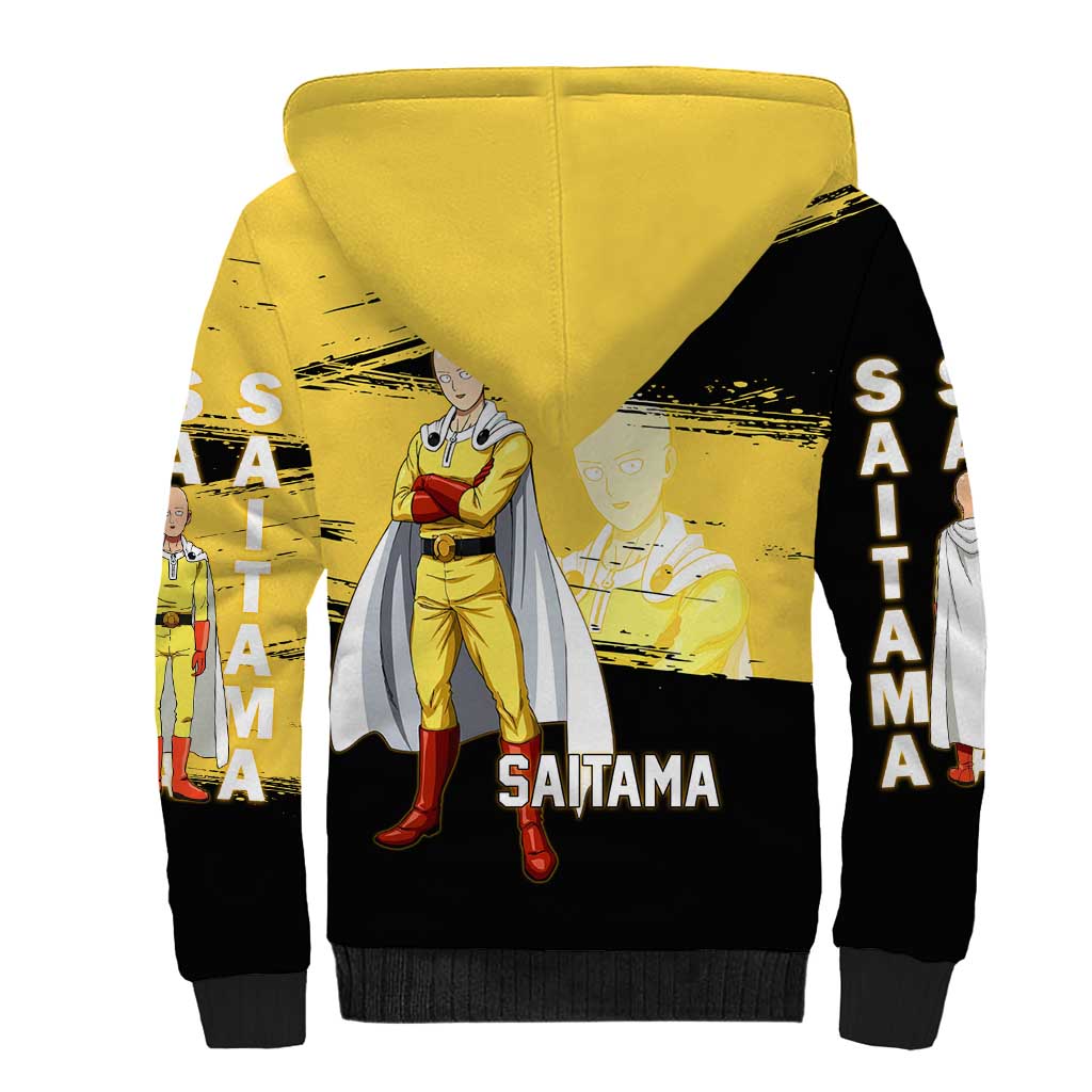 Saitama One Punch Man Anime Yellow and Black Theme Sherpa Hoodie with Heroic Pose and Dynamic Brushstroke Background - The Mazicc
