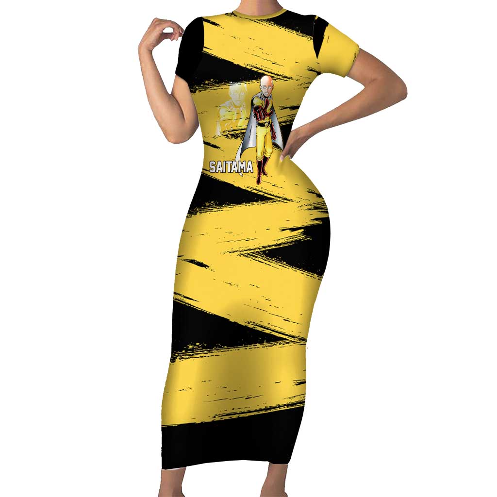 Saitama One Punch Man Anime Yellow and Black Theme Short Sleeve Bodycon Dress with Heroic Pose and Dynamic Brushstroke Background - The Mazicc
