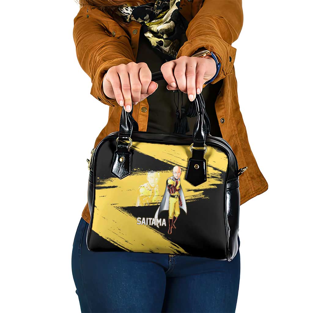 Saitama One Punch Man Anime Yellow and Black Theme Shoulder Handbag with Heroic Pose and Dynamic Brushstroke Background - The Mazicc