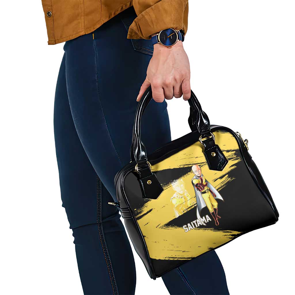 Saitama One Punch Man Anime Yellow and Black Theme Shoulder Handbag with Heroic Pose and Dynamic Brushstroke Background - The Mazicc
