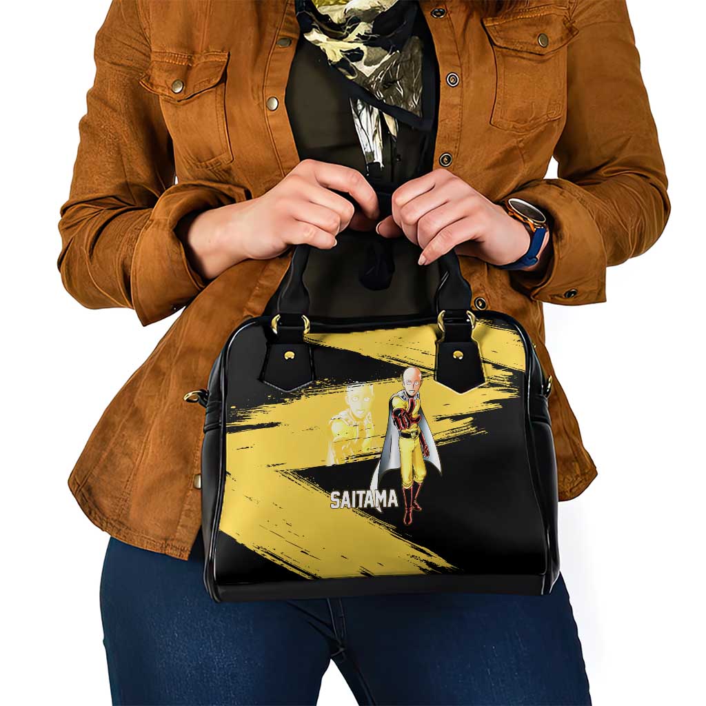 Saitama One Punch Man Anime Yellow and Black Theme Shoulder Handbag with Heroic Pose and Dynamic Brushstroke Background - The Mazicc