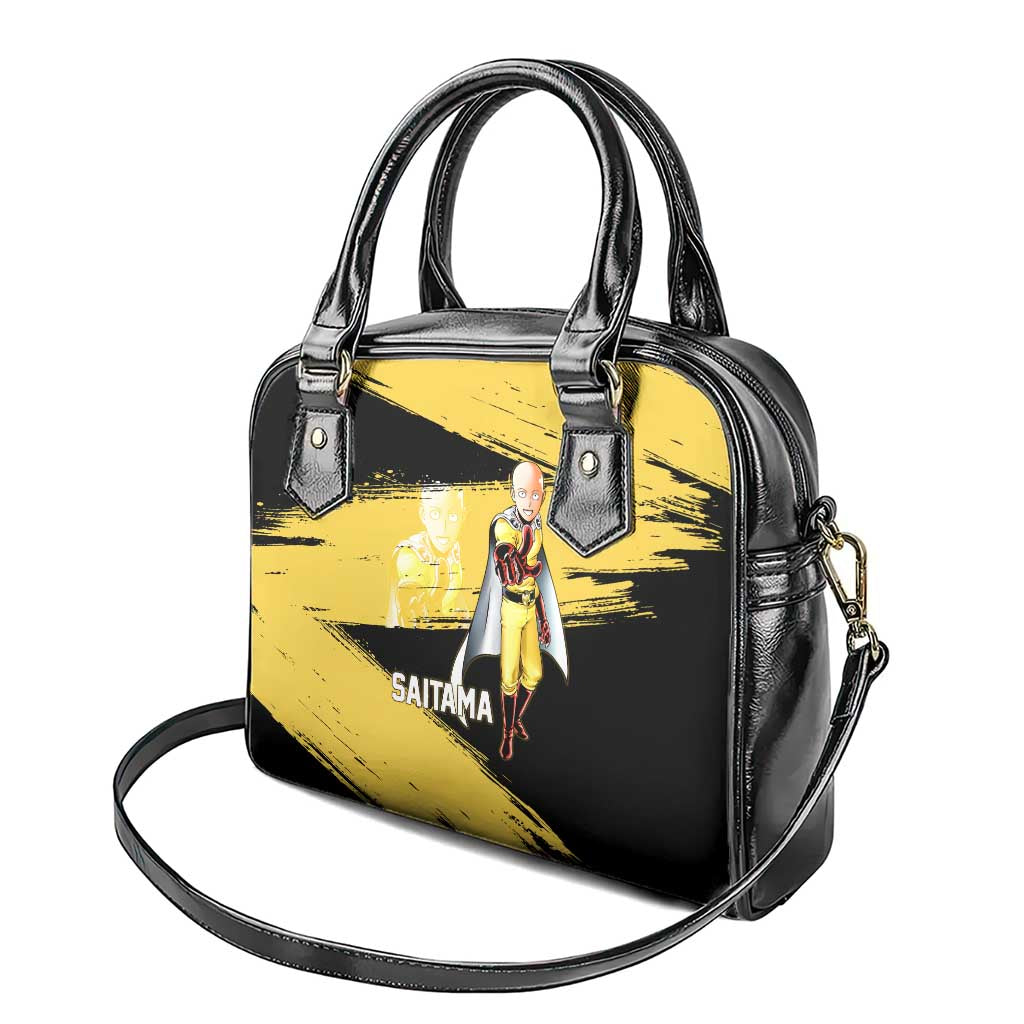 Saitama One Punch Man Anime Yellow and Black Theme Shoulder Handbag with Heroic Pose and Dynamic Brushstroke Background - The Mazicc