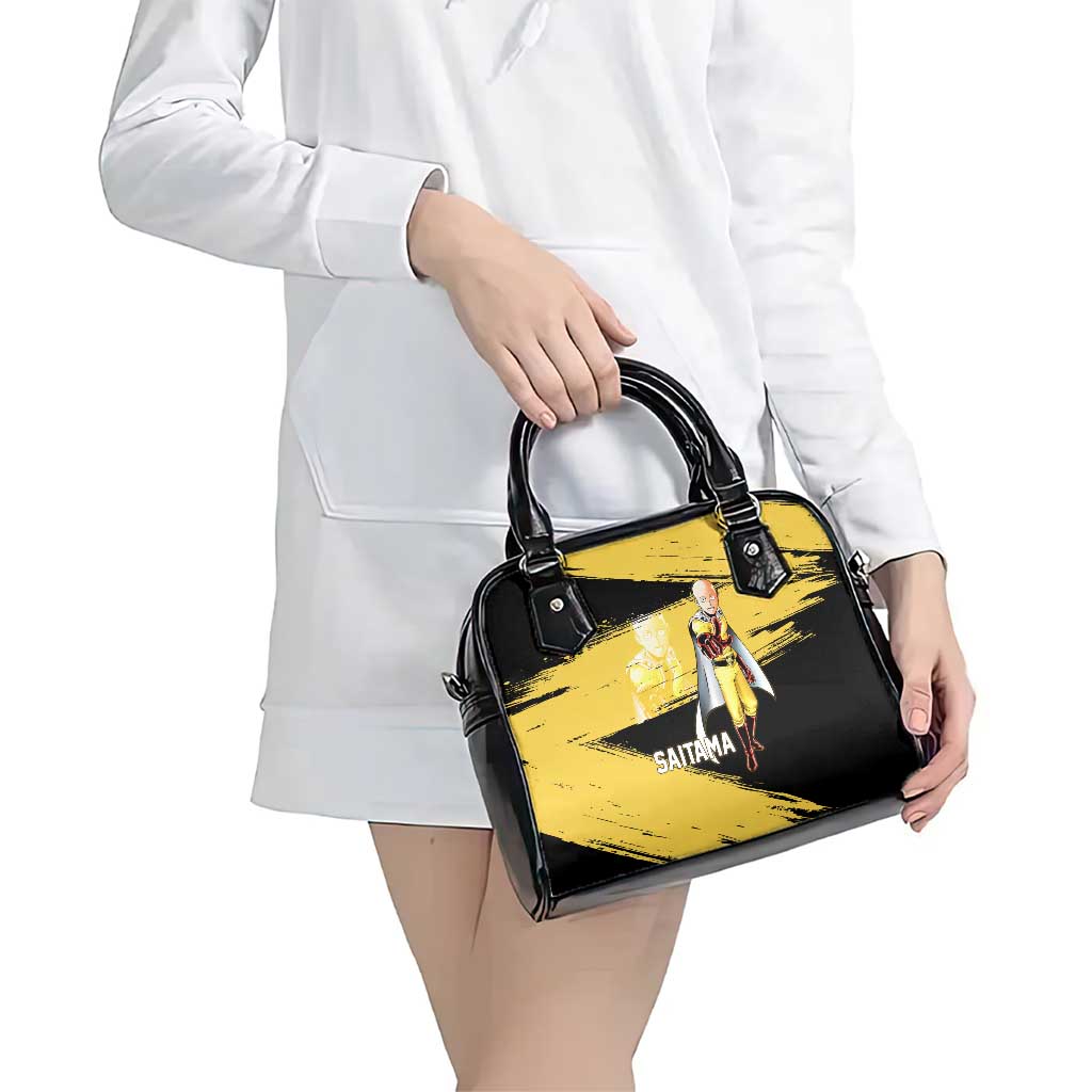Saitama One Punch Man Anime Yellow and Black Theme Shoulder Handbag with Heroic Pose and Dynamic Brushstroke Background - The Mazicc