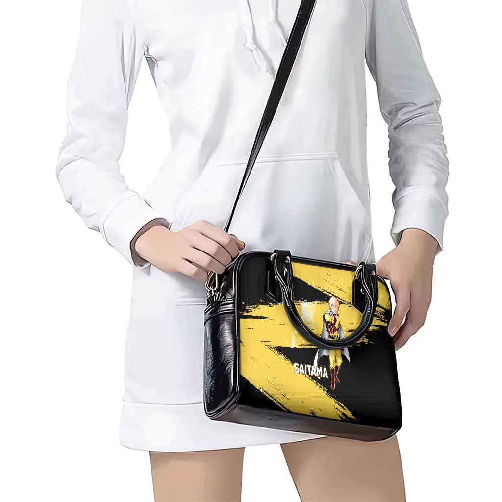 Saitama One Punch Man Anime Yellow and Black Theme Shoulder Handbag with Heroic Pose and Dynamic Brushstroke Background - The Mazicc