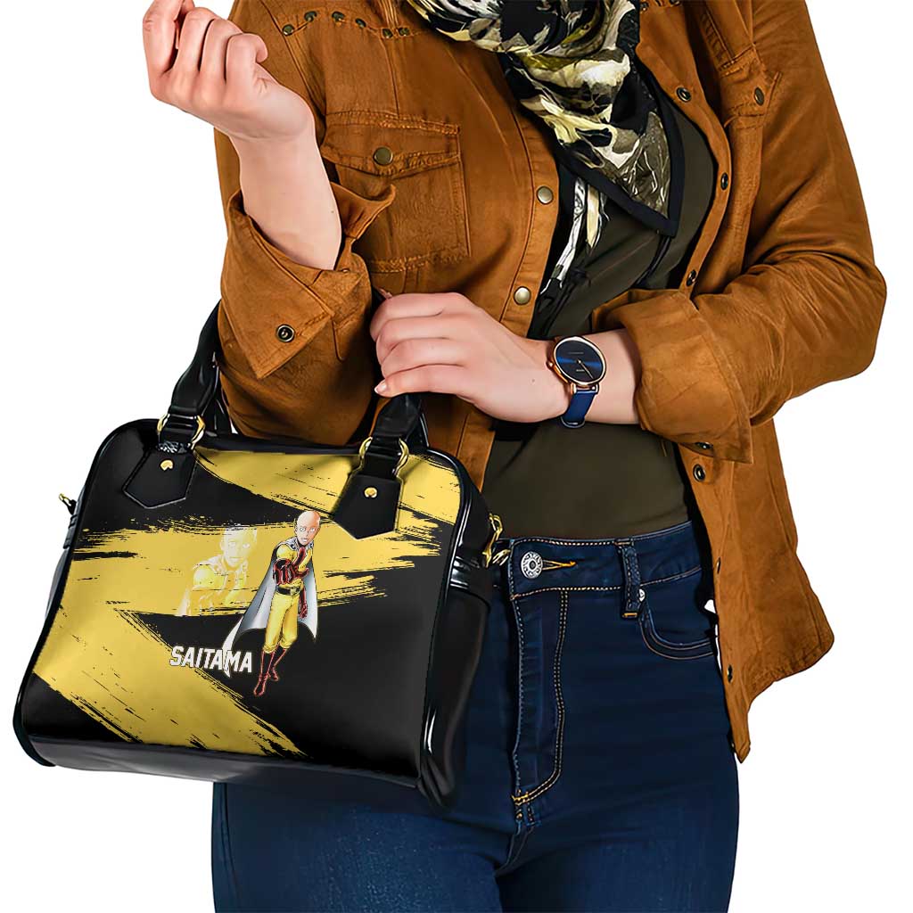 Saitama One Punch Man Anime Yellow and Black Theme Shoulder Handbag with Heroic Pose and Dynamic Brushstroke Background - The Mazicc
