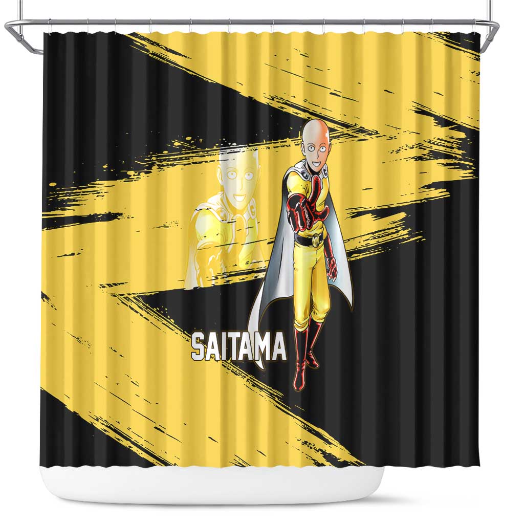 Saitama One Punch Man Anime Yellow and Black Theme Shower Curtain with Heroic Pose and Dynamic Brushstroke Background - The Mazicc
