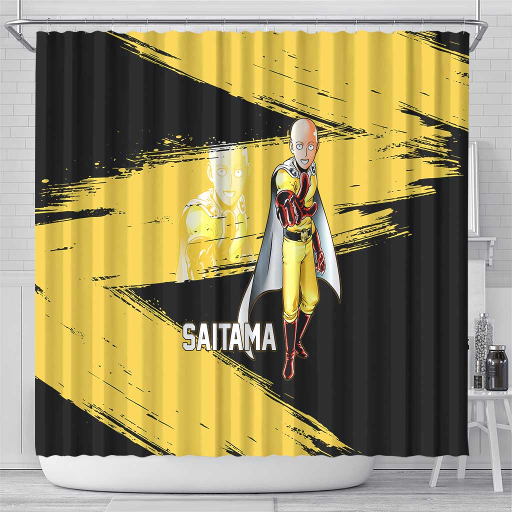 Saitama One Punch Man Anime Yellow and Black Theme Shower Curtain with Heroic Pose and Dynamic Brushstroke Background - The Mazicc
