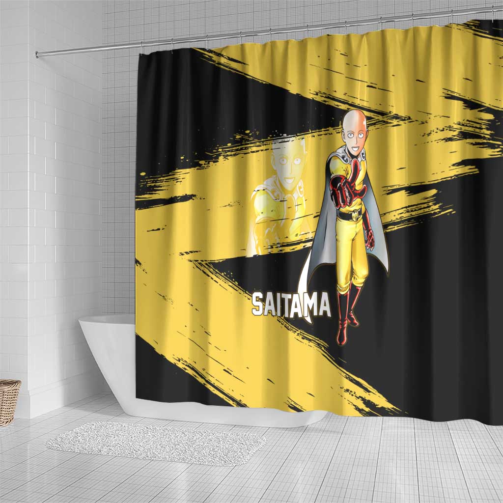 Saitama One Punch Man Anime Yellow and Black Theme Shower Curtain with Heroic Pose and Dynamic Brushstroke Background - The Mazicc