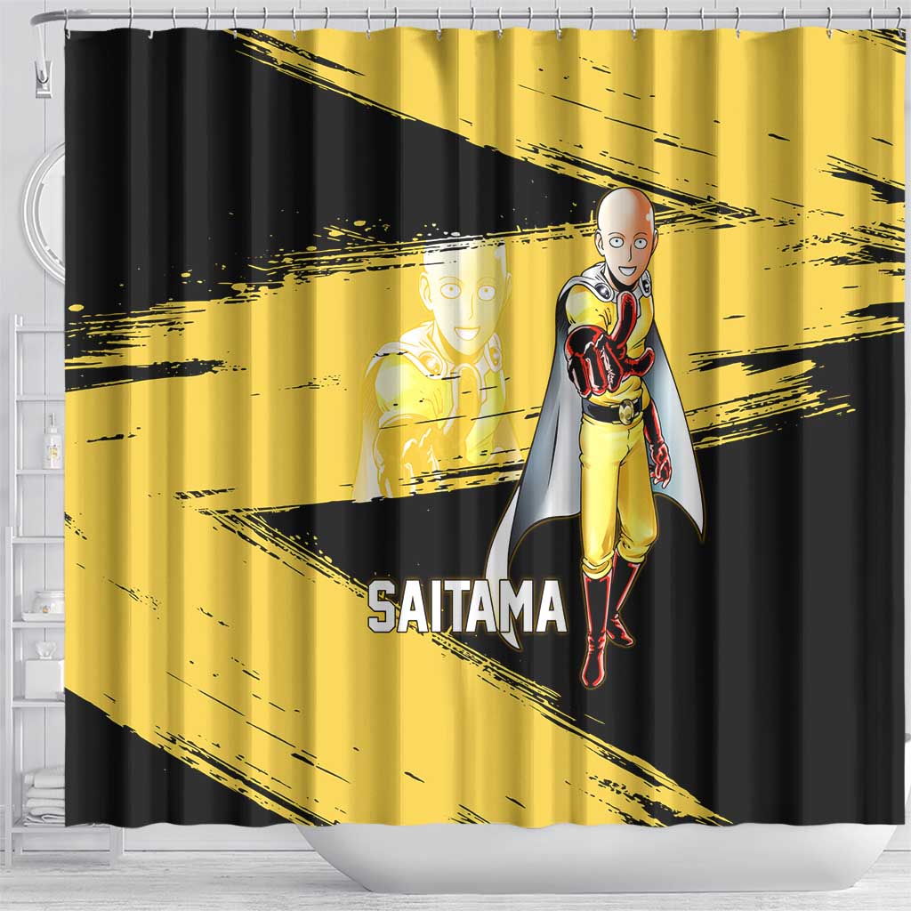Saitama One Punch Man Anime Yellow and Black Theme Shower Curtain with Heroic Pose and Dynamic Brushstroke Background - The Mazicc