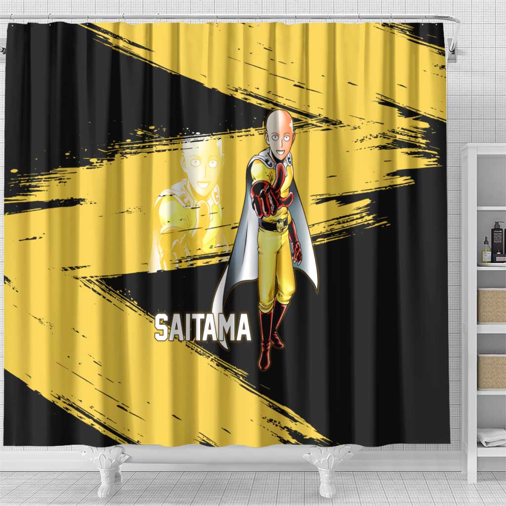 Saitama One Punch Man Anime Yellow and Black Theme Shower Curtain with Heroic Pose and Dynamic Brushstroke Background - The Mazicc