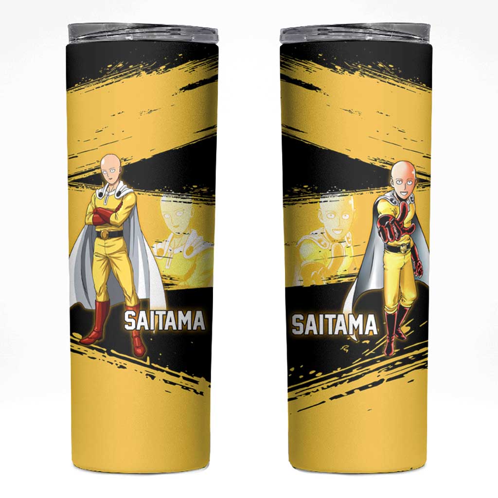 Saitama One Punch Man Anime Yellow and Black Theme Skinny Tumbler with Heroic Pose and Dynamic Brushstroke Background - The Mazicc