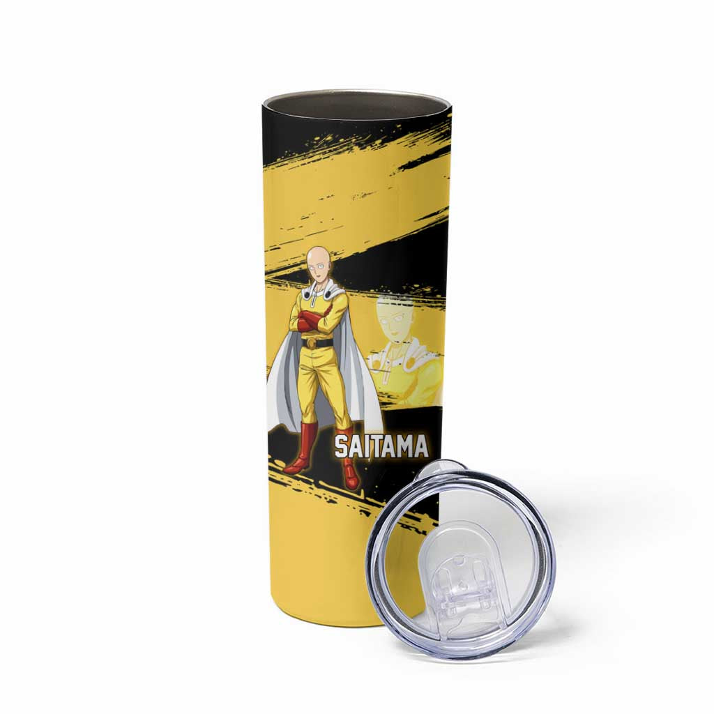 Saitama One Punch Man Anime Yellow and Black Theme Skinny Tumbler with Heroic Pose and Dynamic Brushstroke Background - The Mazicc
