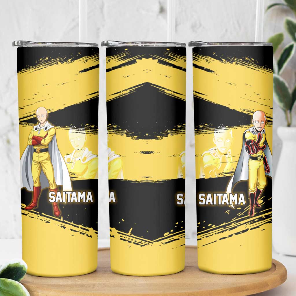 Saitama One Punch Man Anime Yellow and Black Theme Skinny Tumbler with Heroic Pose and Dynamic Brushstroke Background - The Mazicc