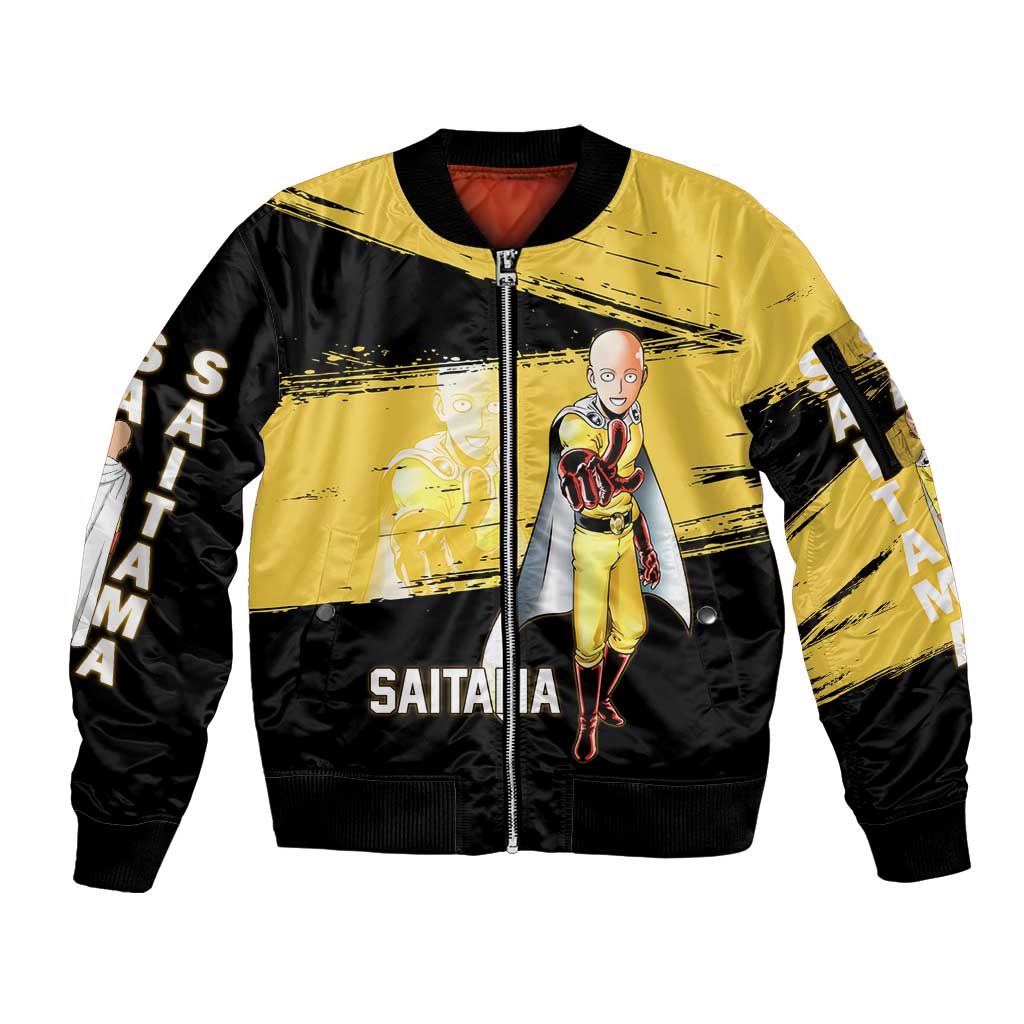 Saitama One Punch Man Anime Yellow and Black Theme Sleeve Zip Bomber Jacket with Heroic Pose and Dynamic Brushstroke Background - The Mazicc