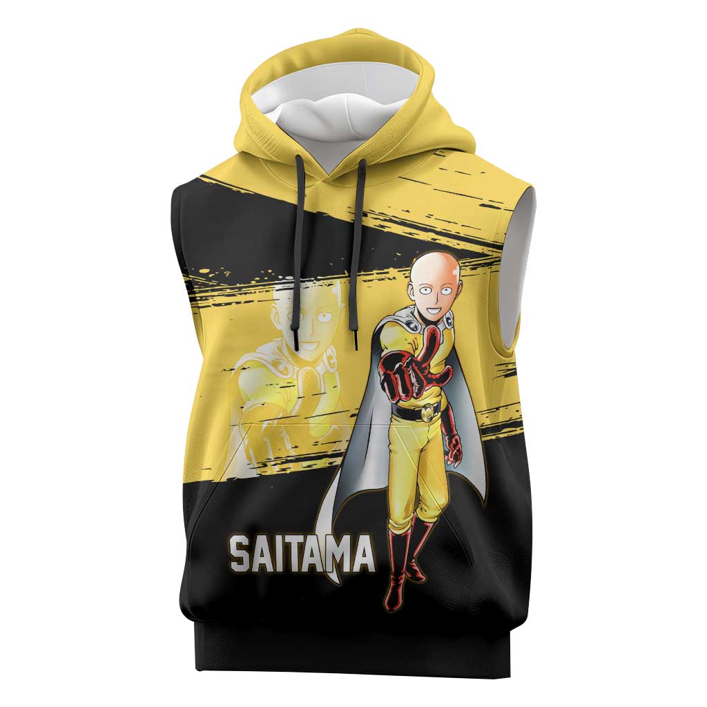 Saitama One Punch Man Anime Yellow and Black Theme Sleeveless Hoodie with Heroic Pose and Dynamic Brushstroke Background - The Mazicc