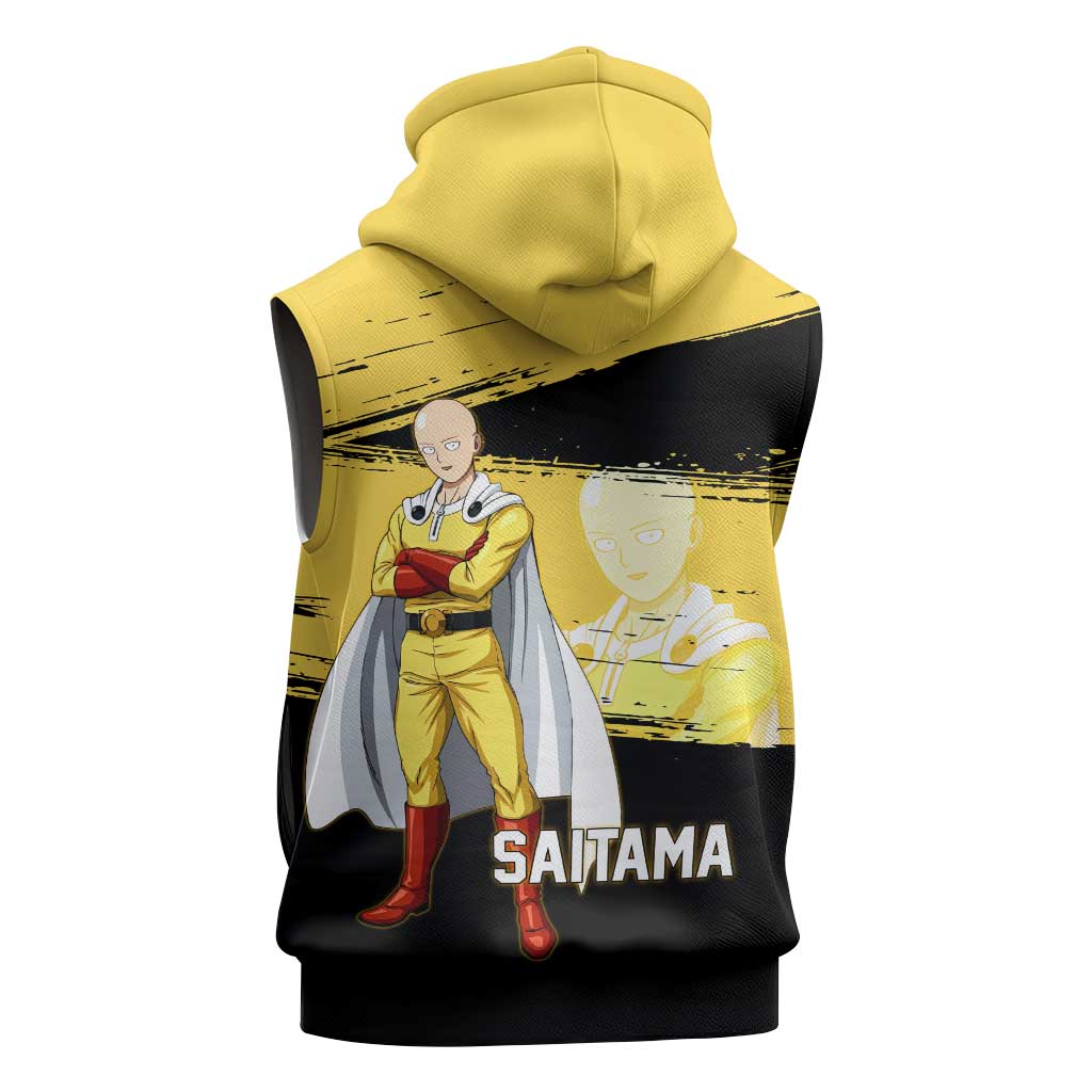 Saitama One Punch Man Anime Yellow and Black Theme Sleeveless Hoodie with Heroic Pose and Dynamic Brushstroke Background - The Mazicc