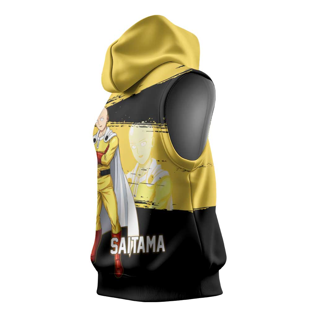 Saitama One Punch Man Anime Yellow and Black Theme Sleeveless Hoodie with Heroic Pose and Dynamic Brushstroke Background - The Mazicc