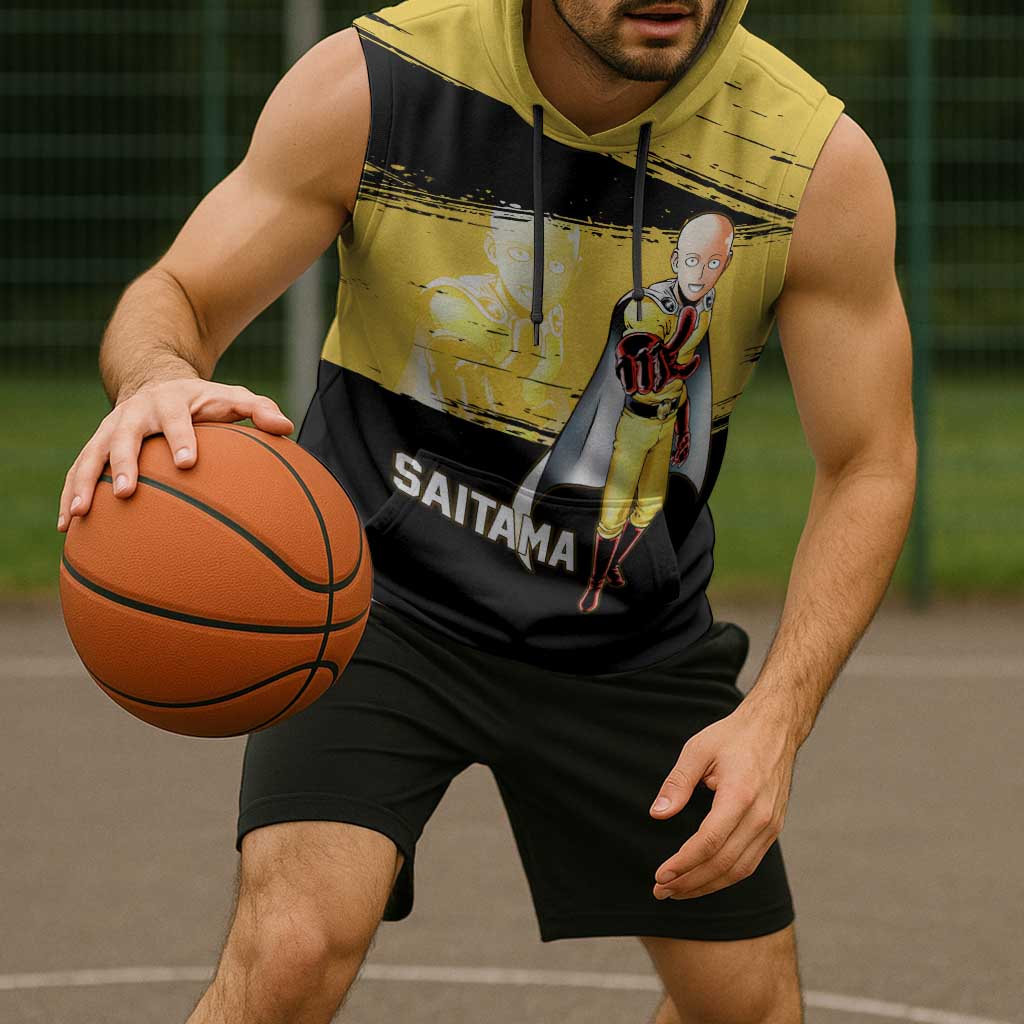 Saitama One Punch Man Anime Yellow and Black Theme Sleeveless Hoodie with Heroic Pose and Dynamic Brushstroke Background - The Mazicc