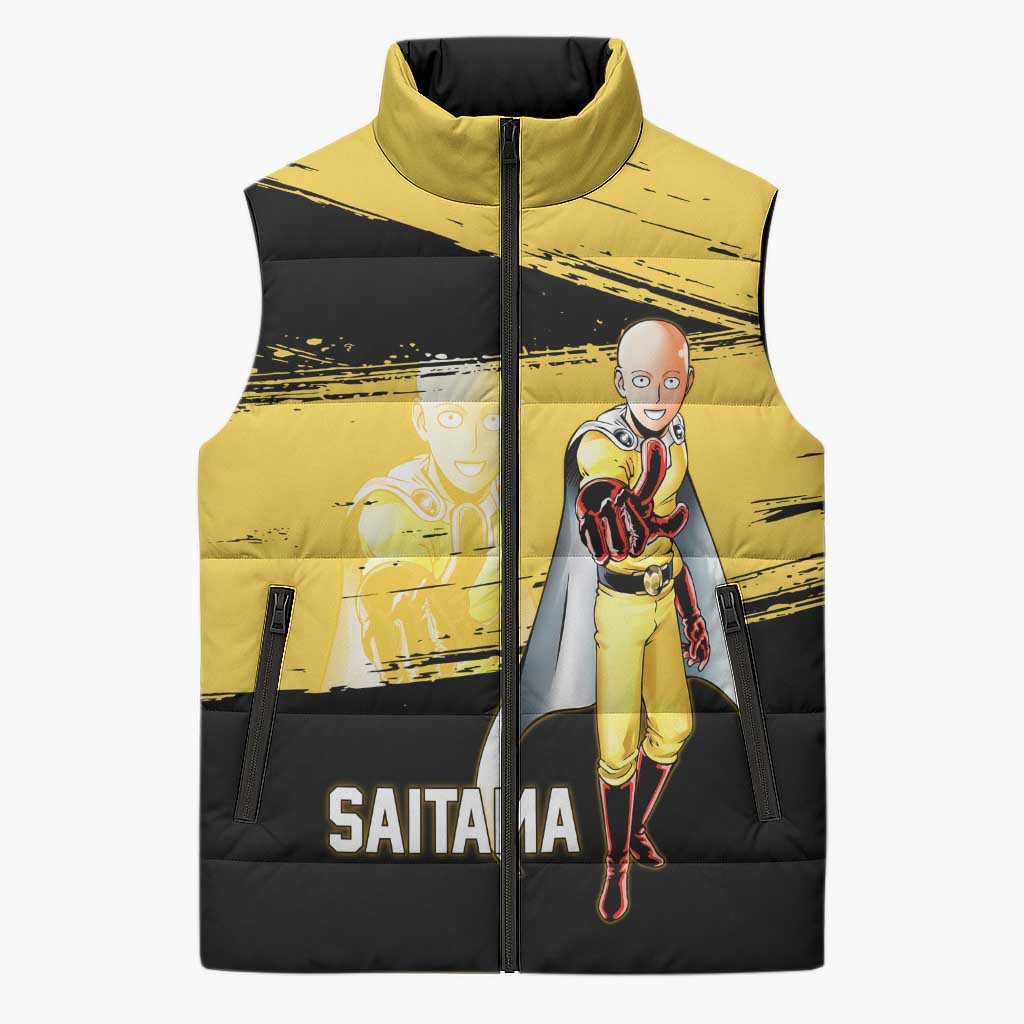 Saitama One Punch Man Anime Yellow and Black Theme Sleeveless Puffer Jacket with Heroic Pose and Dynamic Brushstroke Background - The Mazicc
