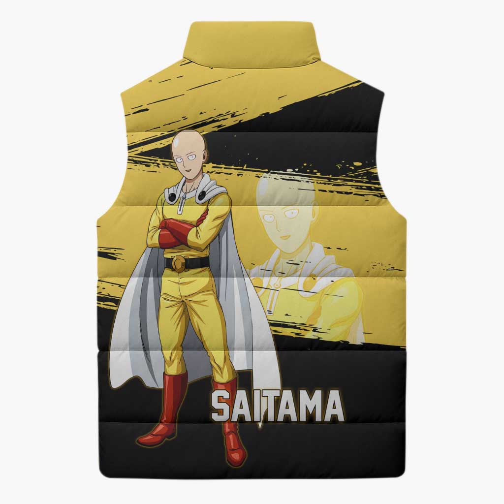 Saitama One Punch Man Anime Yellow and Black Theme Sleeveless Puffer Jacket with Heroic Pose and Dynamic Brushstroke Background - The Mazicc
