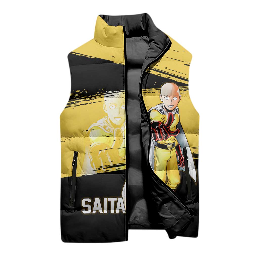 Saitama One Punch Man Anime Yellow and Black Theme Sleeveless Puffer Jacket with Heroic Pose and Dynamic Brushstroke Background - The Mazicc
