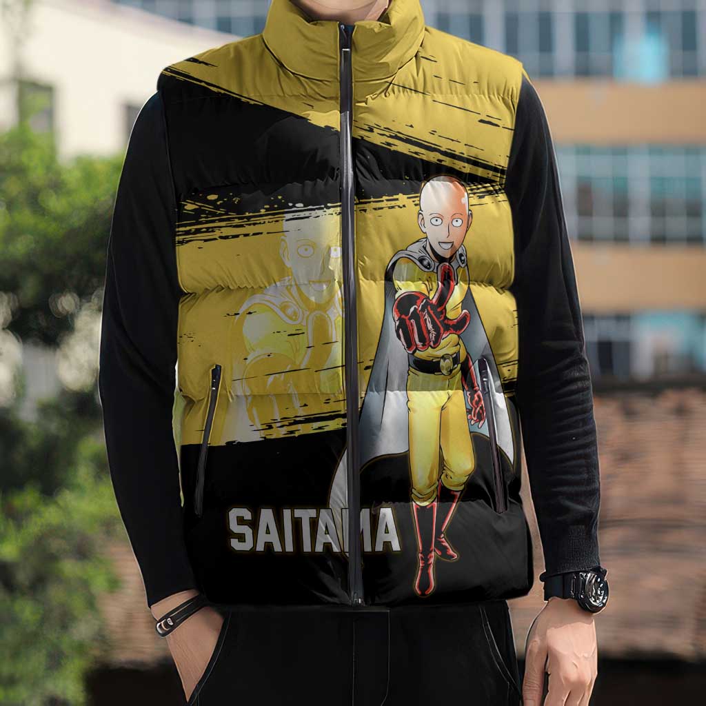 Saitama One Punch Man Anime Yellow and Black Theme Sleeveless Puffer Jacket with Heroic Pose and Dynamic Brushstroke Background - The Mazicc