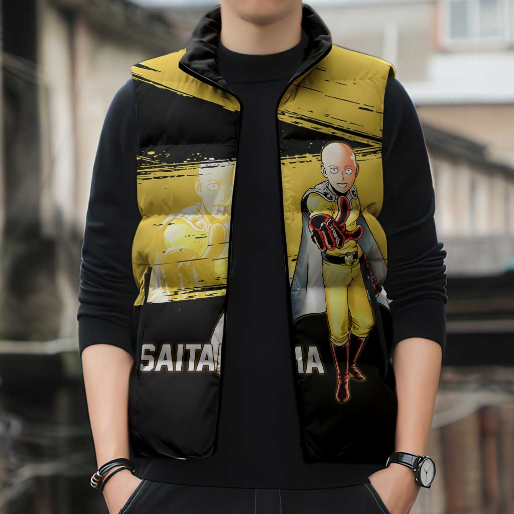 Saitama One Punch Man Anime Yellow and Black Theme Sleeveless Puffer Jacket with Heroic Pose and Dynamic Brushstroke Background - The Mazicc