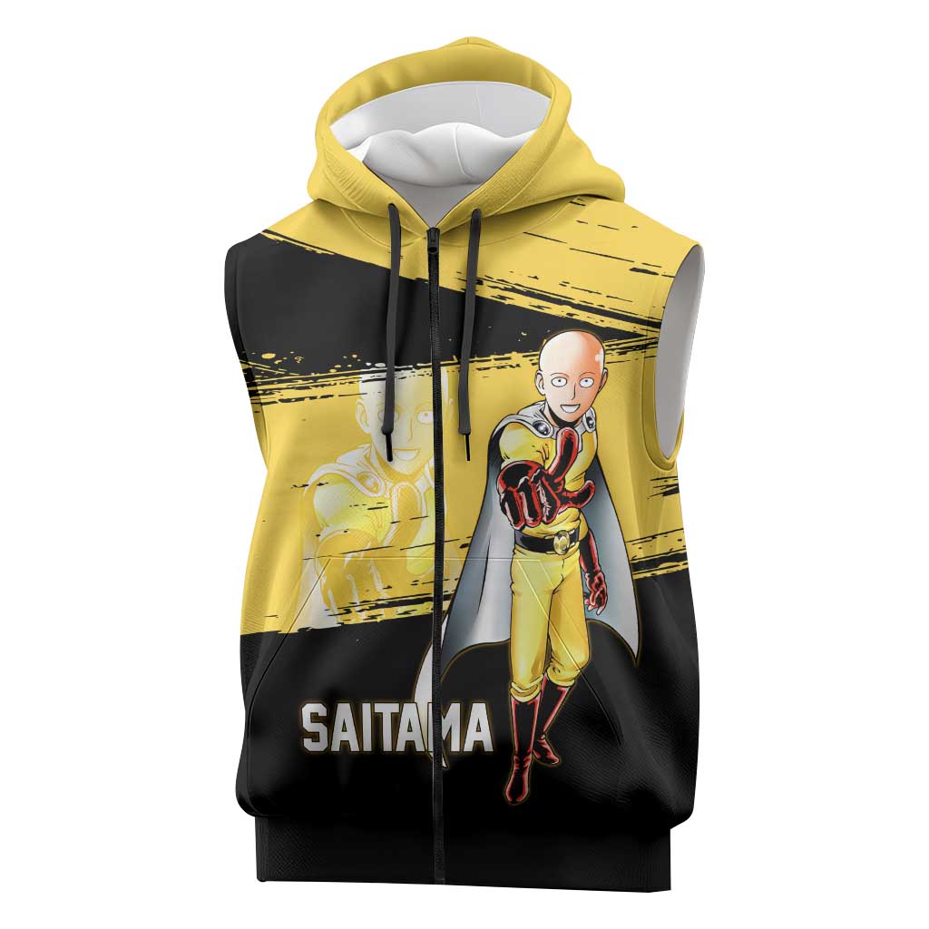 Saitama One Punch Man Anime Yellow and Black Theme Sleeveless Zip Hoodie with Heroic Pose and Dynamic Brushstroke Background - The Mazicc