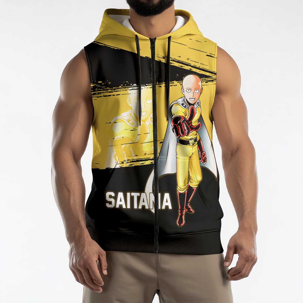 Saitama One Punch Man Anime Yellow and Black Theme Sleeveless Zip Hoodie with Heroic Pose and Dynamic Brushstroke Background - The Mazicc