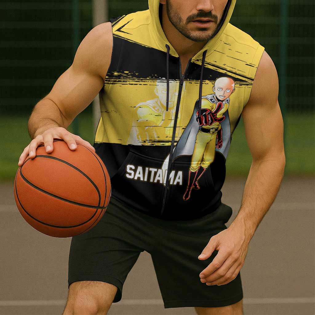 Saitama One Punch Man Anime Yellow and Black Theme Sleeveless Zip Hoodie with Heroic Pose and Dynamic Brushstroke Background - The Mazicc