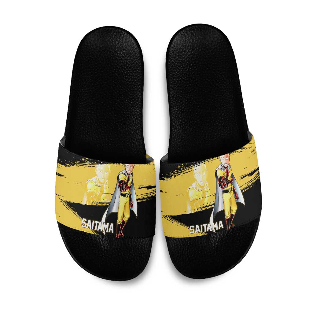 Saitama One Punch Man Anime Yellow and Black Theme Slide Sandals with Heroic Pose and Dynamic Brushstroke Background - The Mazicc