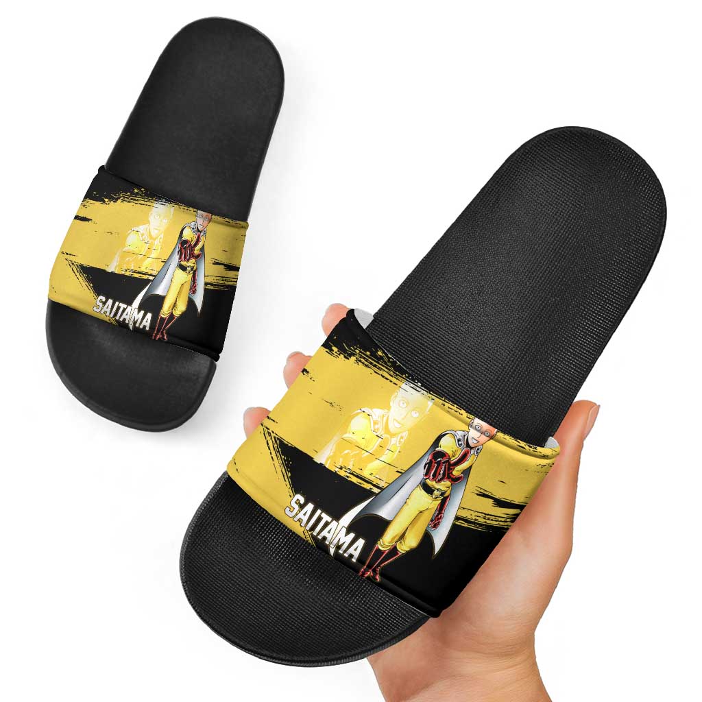 Saitama One Punch Man Anime Yellow and Black Theme Slide Sandals with Heroic Pose and Dynamic Brushstroke Background - The Mazicc