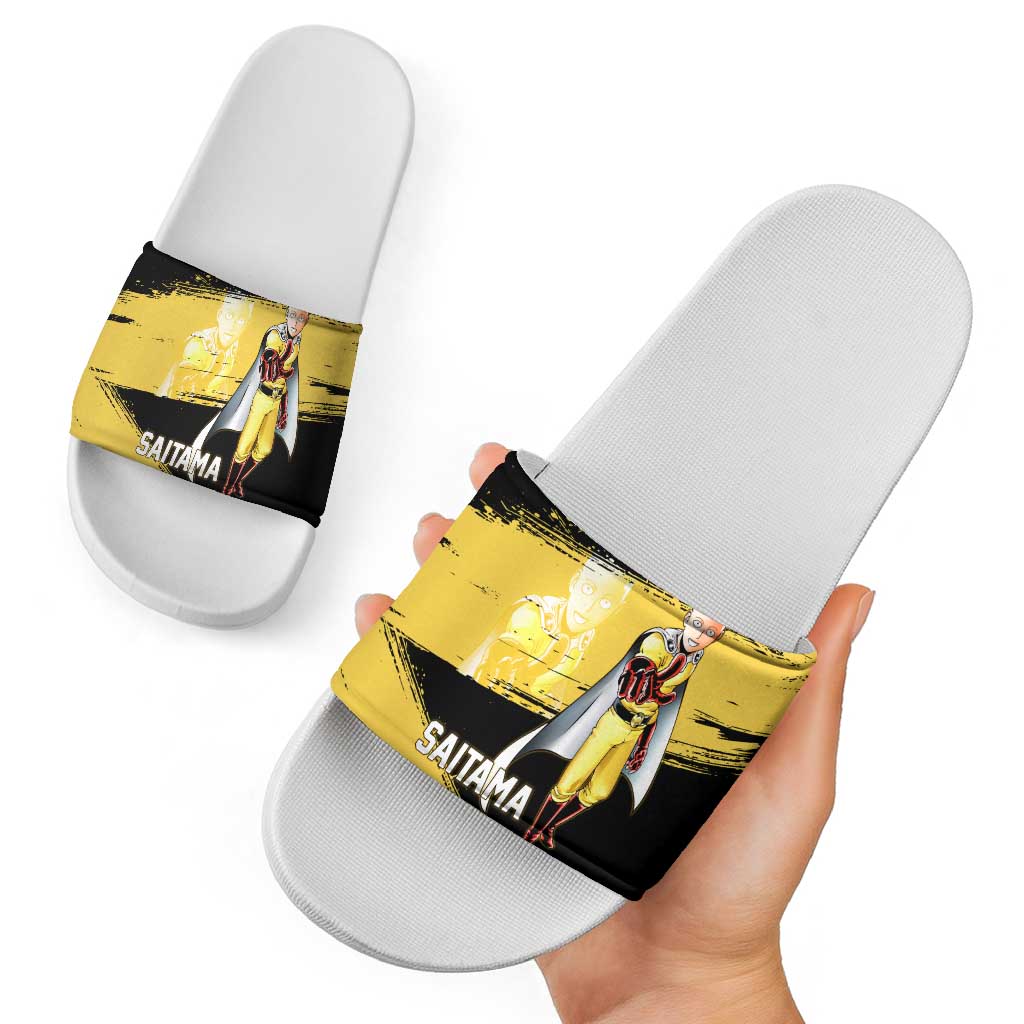 Saitama One Punch Man Anime Yellow and Black Theme Slide Sandals with Heroic Pose and Dynamic Brushstroke Background - The Mazicc