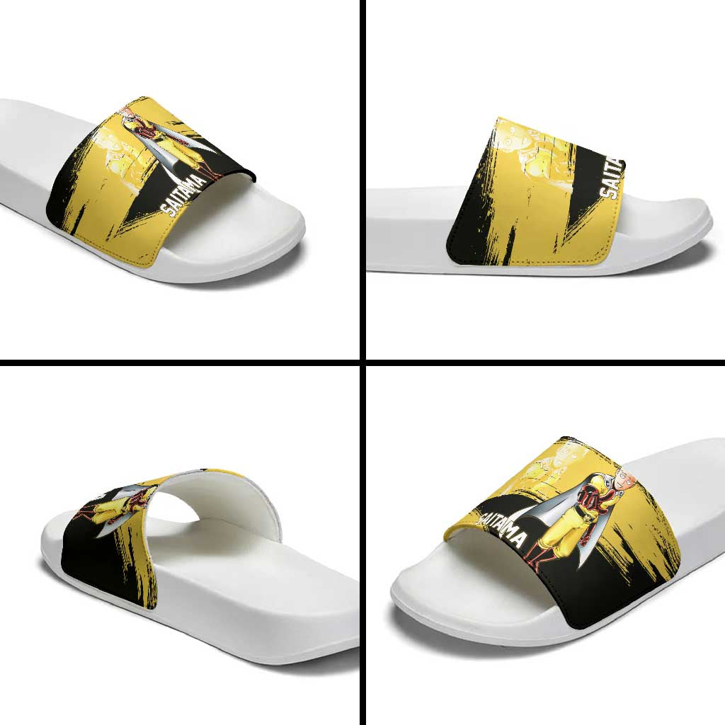 Saitama One Punch Man Anime Yellow and Black Theme Slide Sandals with Heroic Pose and Dynamic Brushstroke Background - The Mazicc