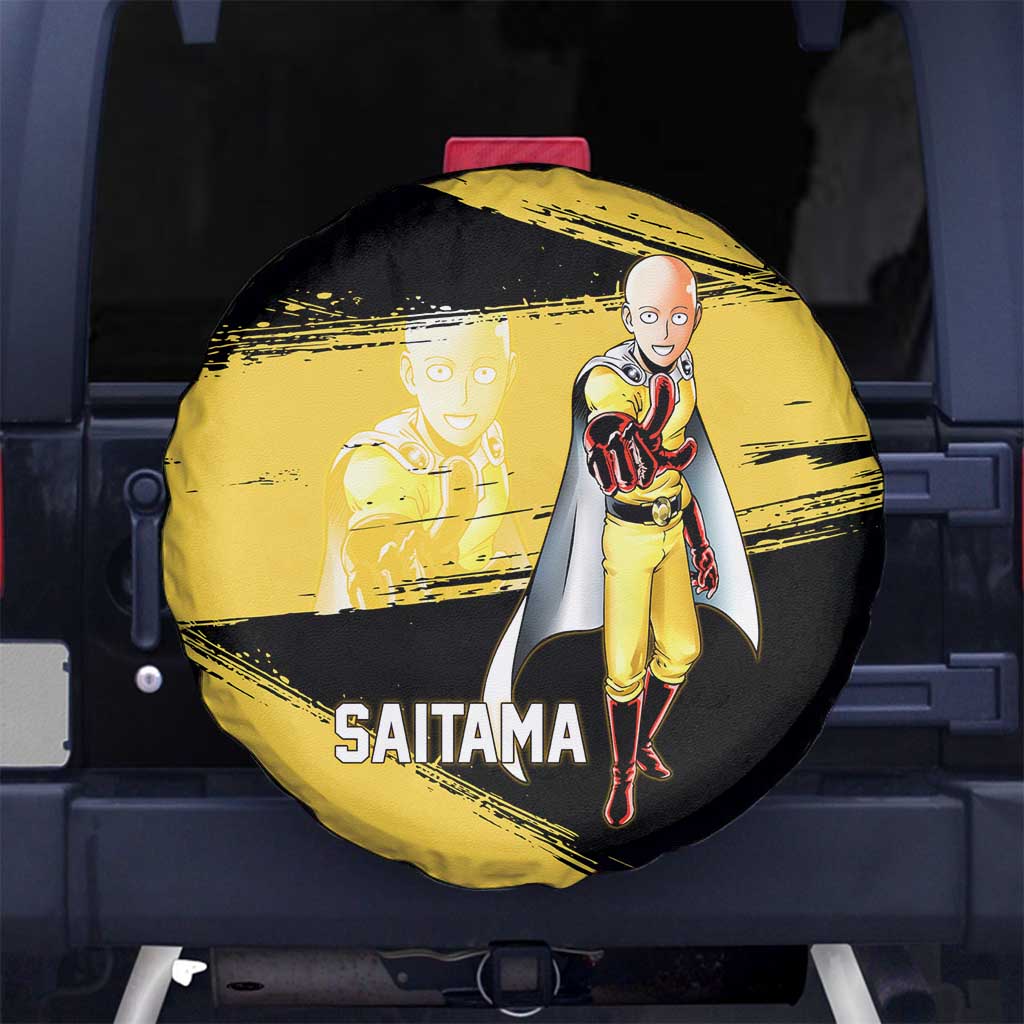 Saitama One Punch Man Anime Yellow and Black Theme Spare Tire Cover with Heroic Pose and Dynamic Brushstroke Background - The Mazicc