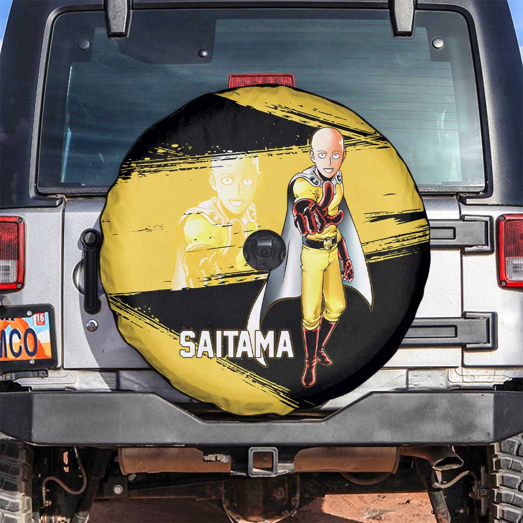 Saitama One Punch Man Anime Yellow and Black Theme Spare Tire Cover with Heroic Pose and Dynamic Brushstroke Background - The Mazicc