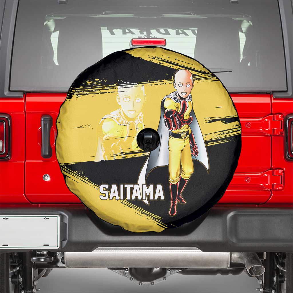 Saitama One Punch Man Anime Yellow and Black Theme Spare Tire Cover with Heroic Pose and Dynamic Brushstroke Background - The Mazicc