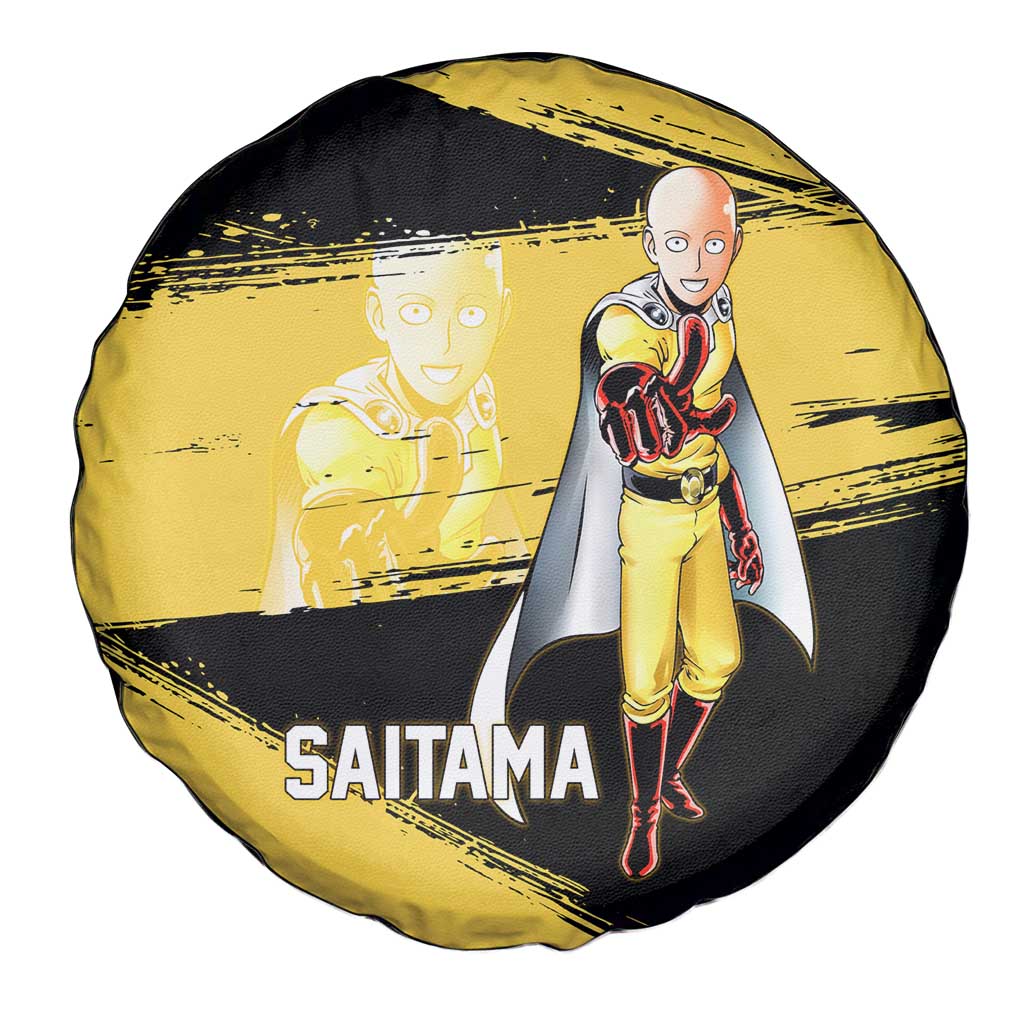 Saitama One Punch Man Anime Yellow and Black Theme Spare Tire Cover with Heroic Pose and Dynamic Brushstroke Background - The Mazicc