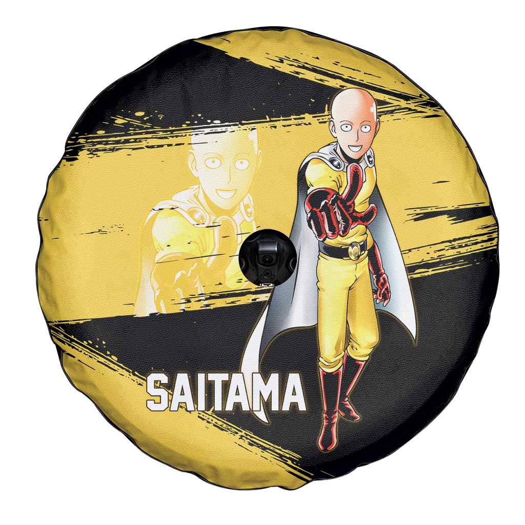 Saitama One Punch Man Anime Yellow and Black Theme Spare Tire Cover with Heroic Pose and Dynamic Brushstroke Background - The Mazicc
