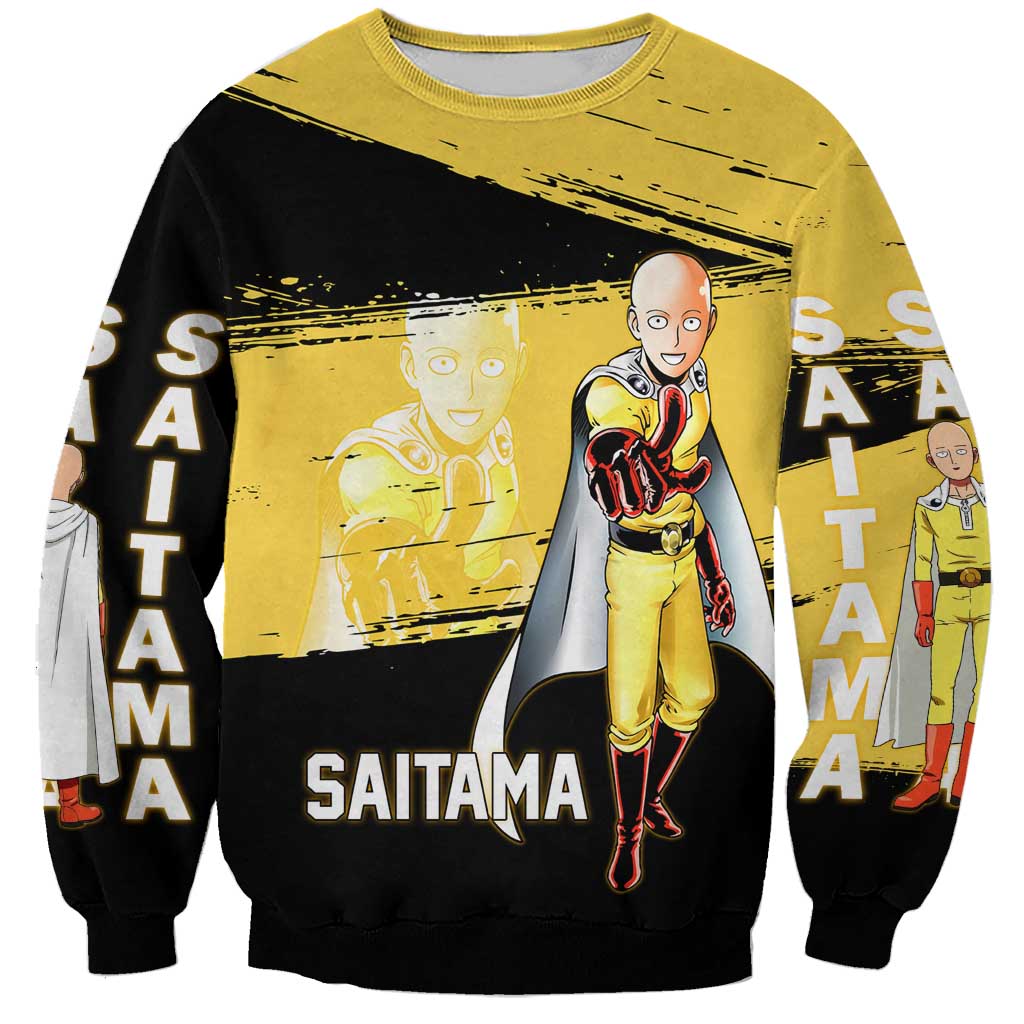 Saitama One Punch Man Anime Yellow and Black Theme Sweatshirt with Heroic Pose and Dynamic Brushstroke Background - The Mazicc