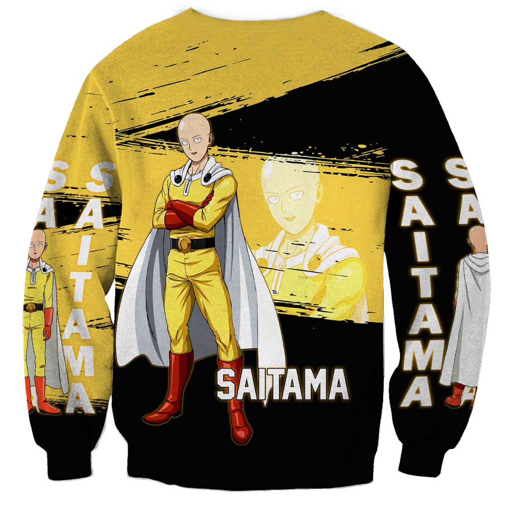 Saitama One Punch Man Anime Yellow and Black Theme Sweatshirt with Heroic Pose and Dynamic Brushstroke Background - The Mazicc